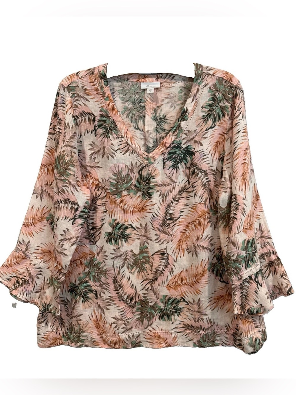 J. Jill Love Linen Popover Tunic Pink Palm Pattern Bell Sleeve Beachy Coastal M